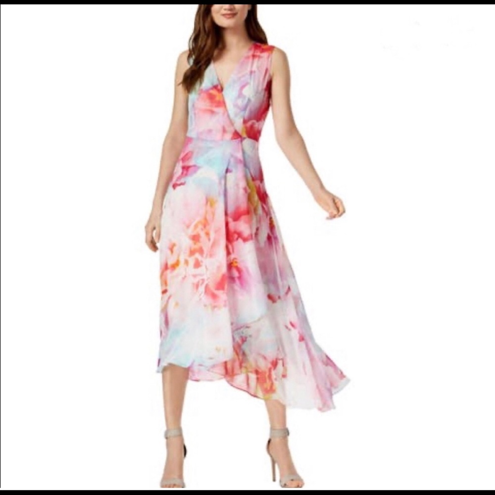 CALVIN KLEIN Chiffon Floral Faux Wrap Midi Dress